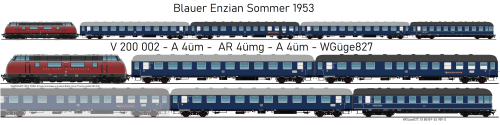 BR 220.0 V200 002 Blauer Enzian 1954 UIC Kanzelwagen Halbspeisewagen stahlblau