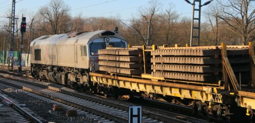 Class_66_Rhein_Chargo_DE_671_Wiebe_Schwellen_Bahn_Gleis_zug_Schwarzenbek_Bau_Bahnsteigdach_20241130