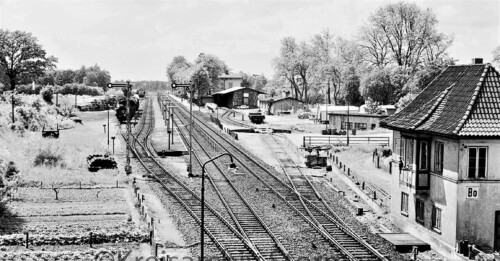 Bargteheide_Bahnhof_Drehscheibe_Güterwagen_Stellwerk_Lokschuppen_Güterschuppen_1965