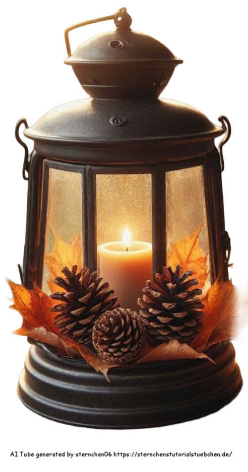 eine Laterne mit tannenzapfen und herbstblttern