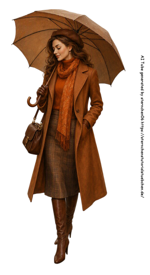 eine Frau in Herbstkleidung mit Regenschirm, Elegante, klassische Herbstmode mit warmem Orange und B