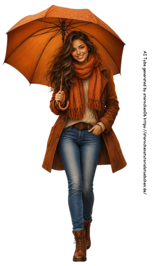 eine Frau in Herbstkleidung mit geöffnete Regenschirm, in Herbstkleidung mit warmem Orange; Jeans, f