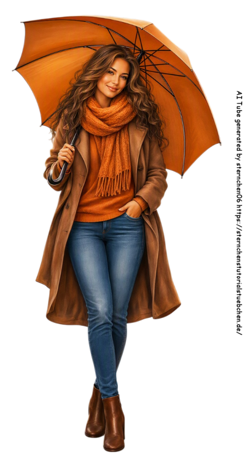 eine Frau in Herbstkleidung mit geöffnete Regenschirm, in Herbstkleidung mit warmem Orange; Jeans, f