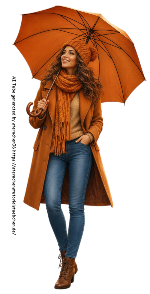eine Frau in Herbstkleidung mit geöffnete Regenschirm, in Herbstkleidung mit warmem Orange; Jeans, f