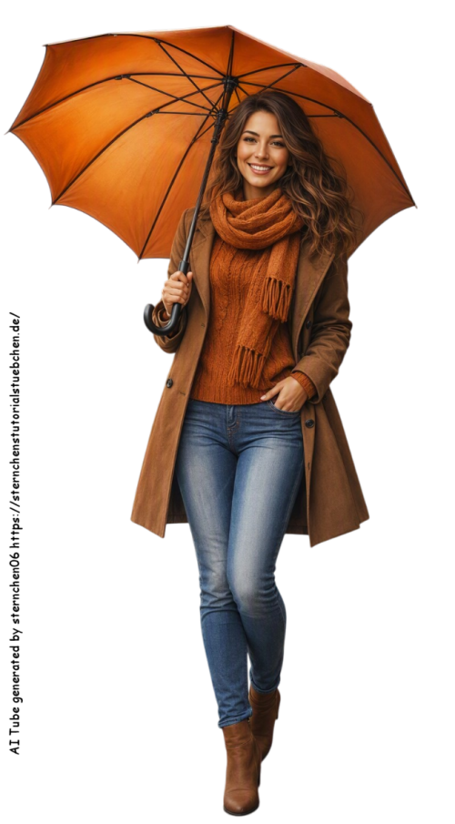 eine Frau in Herbstkleidung mit geöffnete Regenschirm, in Herbstkleidung mit warmem Orange; Jeans, f