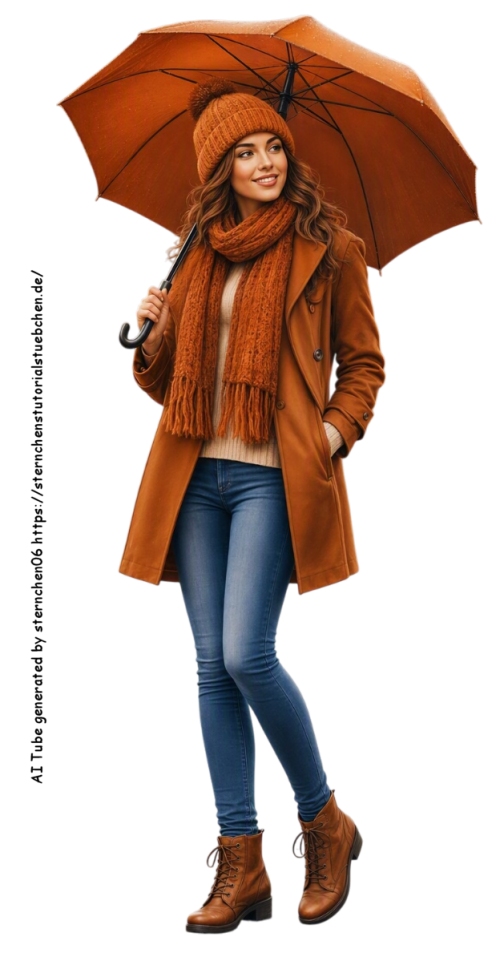 eine Frau in Herbstkleidung mit geöffnete Regenschirm, in Herbstkleidung mit warmem Orange; Jeans, f