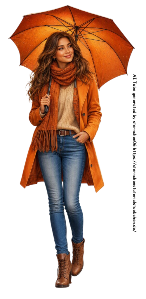eine Frau in Herbstkleidung mit geöffnete Regenschirm, in Herbstkleidung mit warmem Orange; Jeans, f