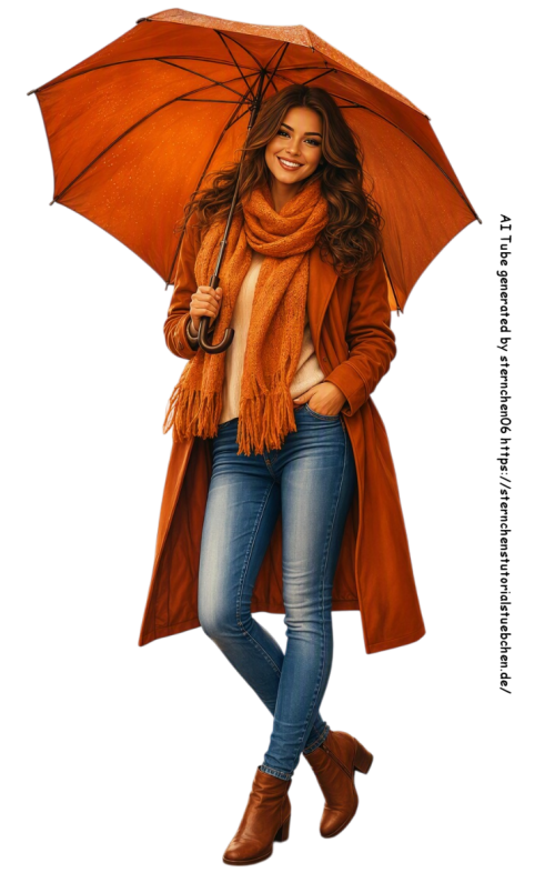 eine Frau in Herbstkleidung mit geöffnete Regenschirm, in Herbstkleidung mit warmem Orange; Jeans, f