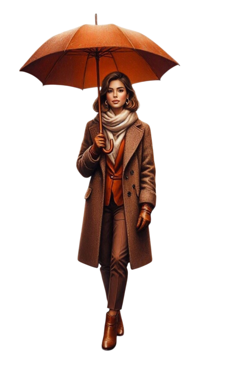 eine Frau in Herbstkleidung mit Regenschirm Elegante klassis
