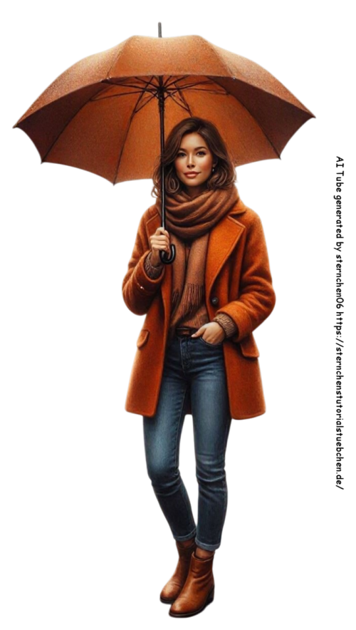 eine Frau in Herbstkleidung mit geffnete Regenschirm in Herb (1)